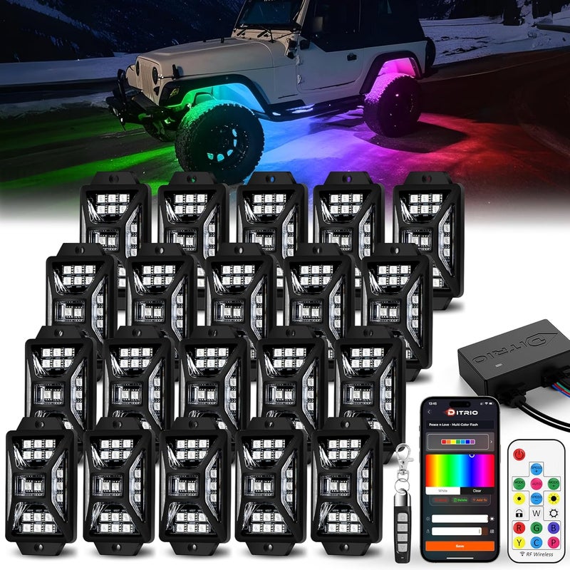 DITRIO 20 Pods Five Sided RGB Rock Lights for Trucks Jeep UTV SUV ATV, Multi Chasing Color App/Remote Control Led Rock Lights with Music Mode, Waterproof Exterior Underglow Kits for Cars - Image 1
